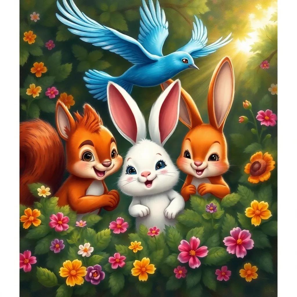 Sammy the squirrel, Ruby the rabbit, a fluffy white rabbit with big ears, and Sky the blue bird, soaring above, huddled together in a thick bush, expressions of determination and excitement, with colorful flowers and sunlight peeking through, illustration, engaging feel, medium quality