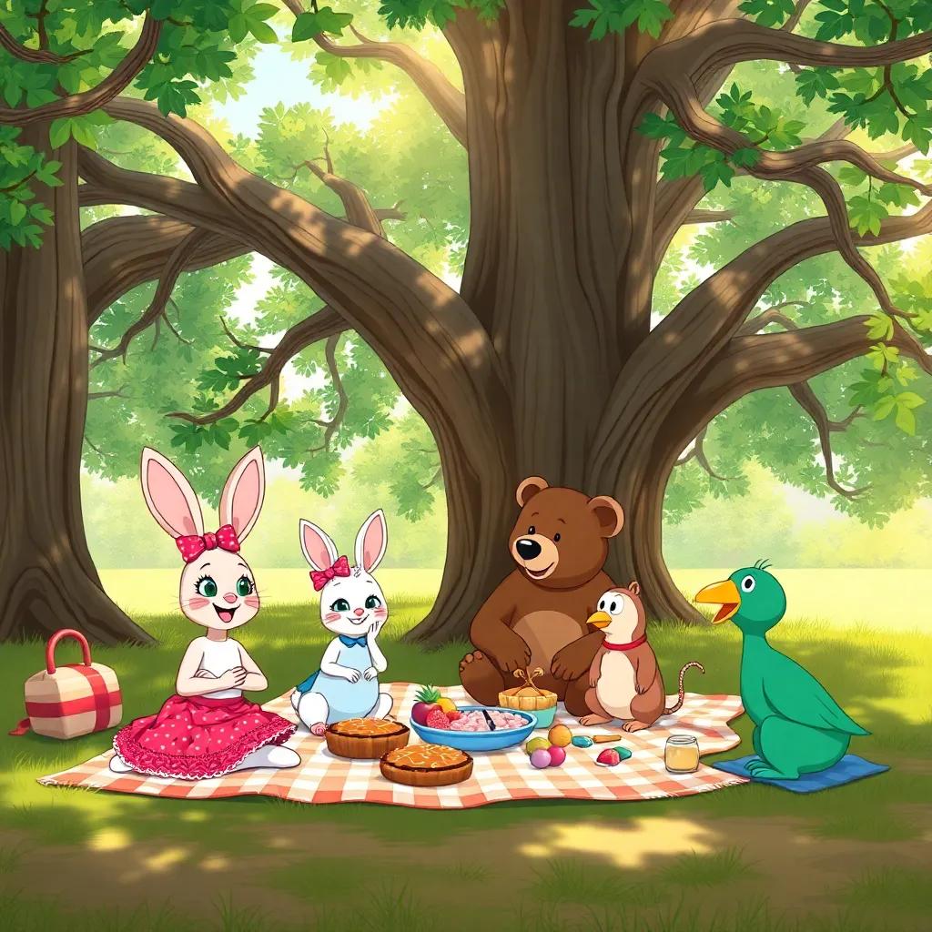 Ruby the rabbit with her friends Squeaky the mouse, Benny the bear, and Lila the bird having a picnic under a big oak tree, with picnic blankets and food items around them, sunny day with light filtering through the leaves, illustration, joyful gathering, nature setting, high quality