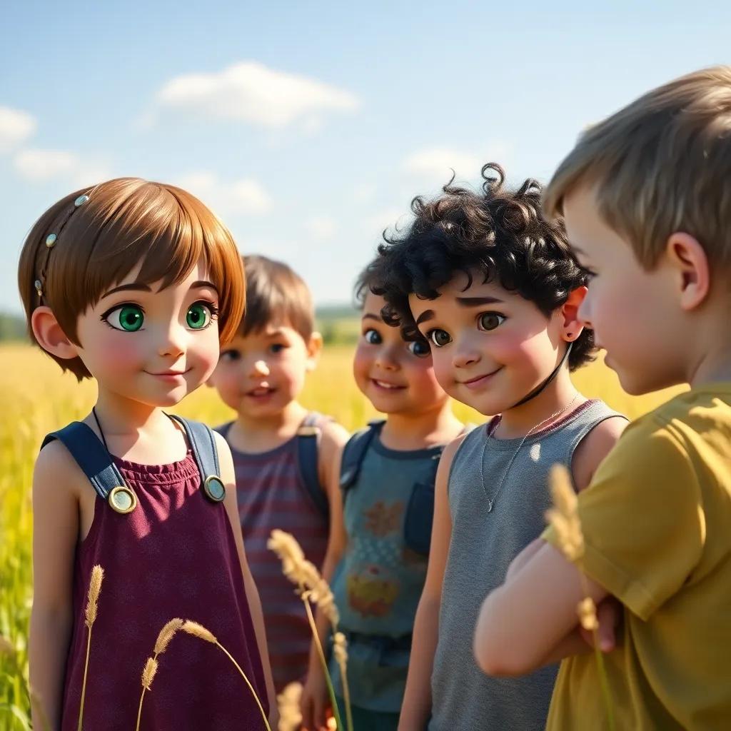 A group of children, Mia with short brown hair and green eyes, Leo with curly black hair, Sam with freckles, gathered in a sunny field discussing, vibrant colors, cheerful atmosphere, high quality