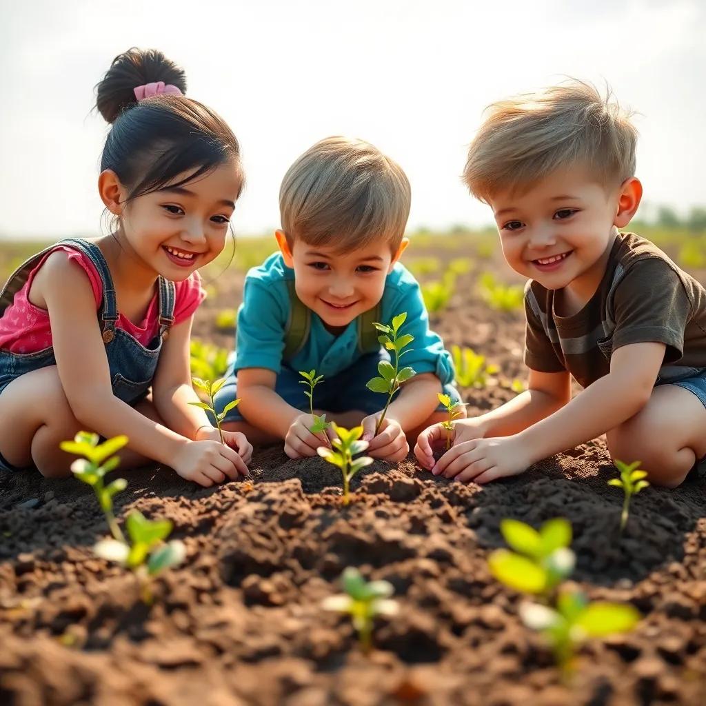 Mia, Leo, and Sam planting seeds together in a sunny field, surrounded by dirt and small saplings, with smiles on their faces, digital art, bright colors, energetic scene, child-friendly