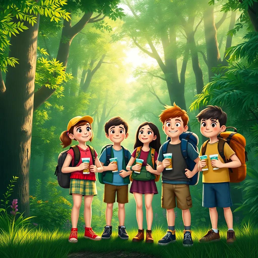 Four friends Lily, Ben, Mia, and Tom with backpacks and snacks, standing at the edge of a lush, green enchanted forest, sunlight streaming through the trees, digital art, vibrant colors, a sense of wonder, warm atmosphere, high quality