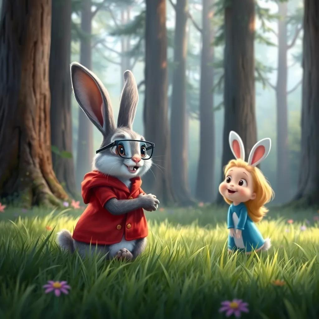 A wise rabbit in tiny glasses, speaking to the four friends in a forest clearing, surrounded by tall trees and soft grass, cheerful expression, digital painting, magical vibe, colorful, inviting scenery, high quality