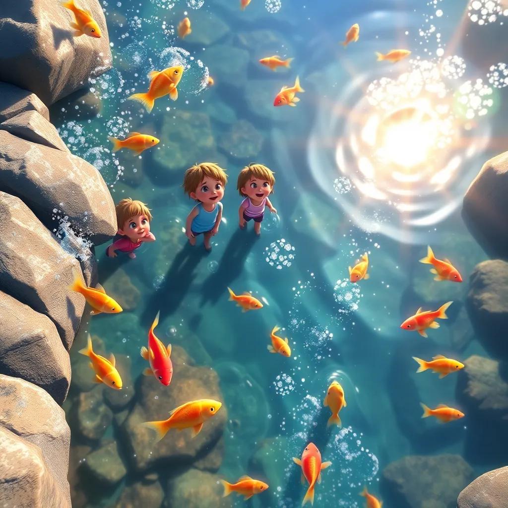 A sparkling stream with colorful fish dancing in the water, four friends gazing in awe, sunlight sparkling on the water, vibrant colors, child-like wonder, painted style, interactive perspective, high quality
