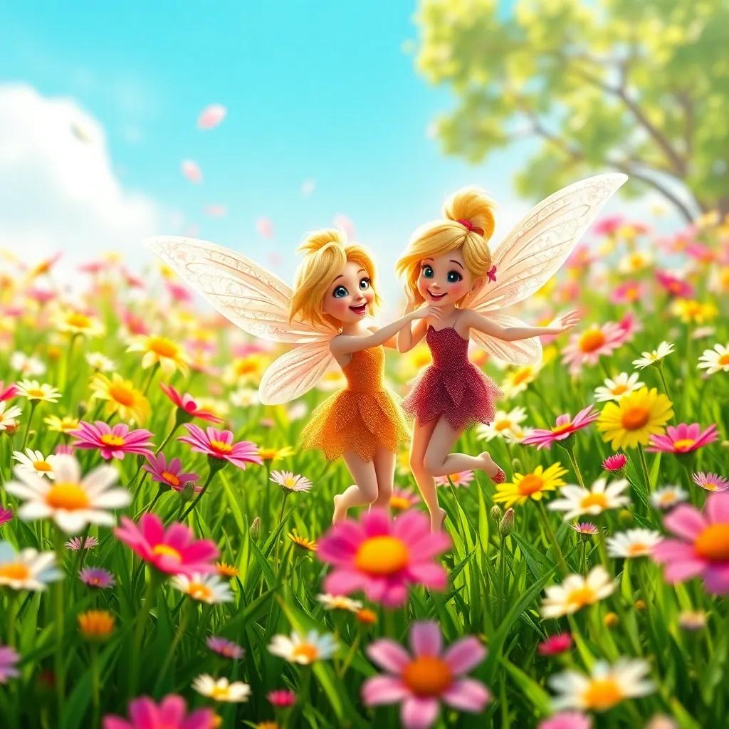 A meadow full of bright and cheerful flowers, a friendly fairy with shimmering wings dancing with the friends, joy and laughter in the air, bright colors, enchanting scene, fairy-tale style, dynamic perspective, high quality