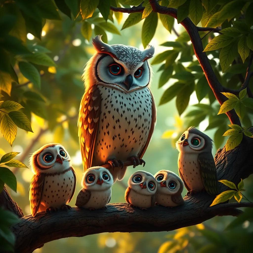 A wise old owl perched on a branch, looking down at the four friends with a gentle expression, surrounded by lush greenery, warm light filtering through the leaves, magical and serene atmosphere, high quality