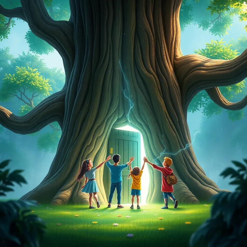 A big tree with a door at its base, the four friends clasping hands to open it, an aura of magic around them, exciting and adventurous scene, detailed digital art, colorful and inviting, high quality