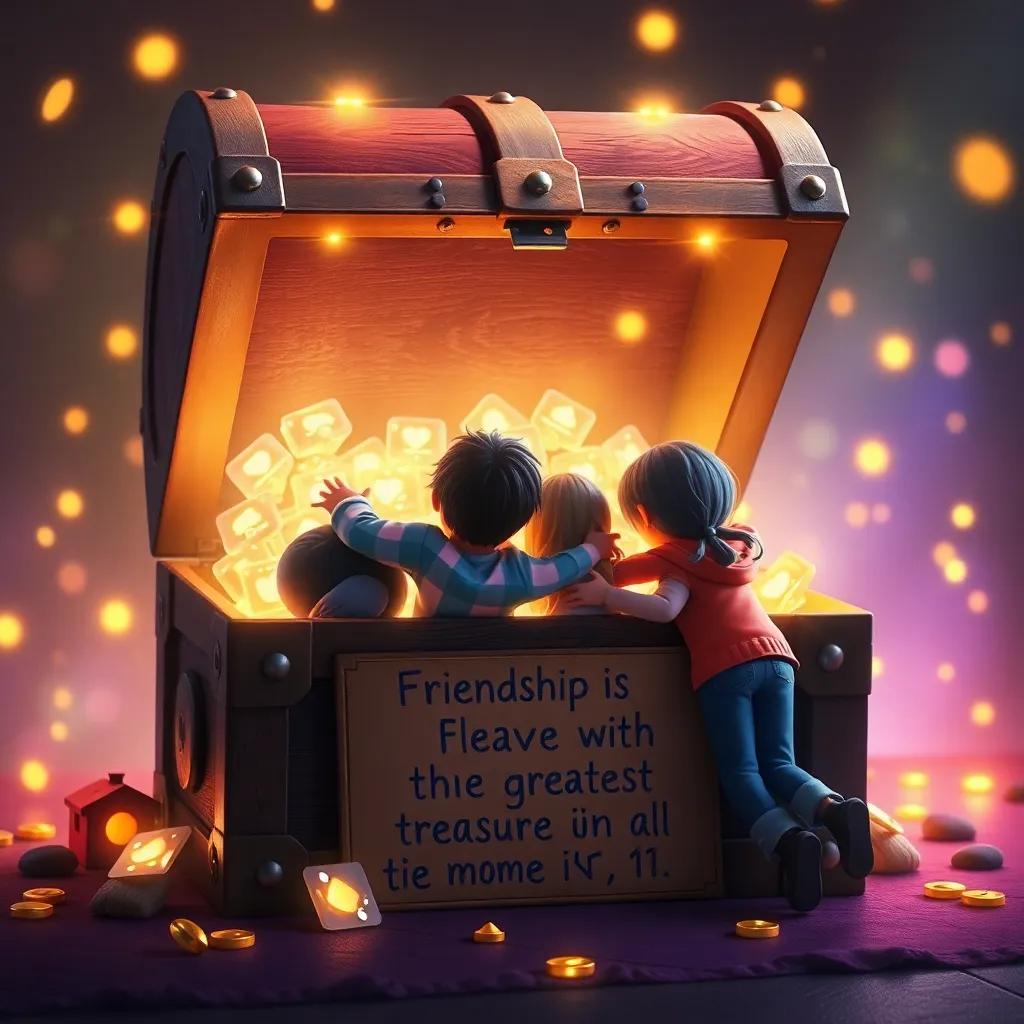 A treasure chest filled with glowing treasures, a sign reading 'Friendship is the greatest treasure of all', the four friends hugging tightly in joy, glowing atmosphere, heartfelt moment, vibrant colors, high quality