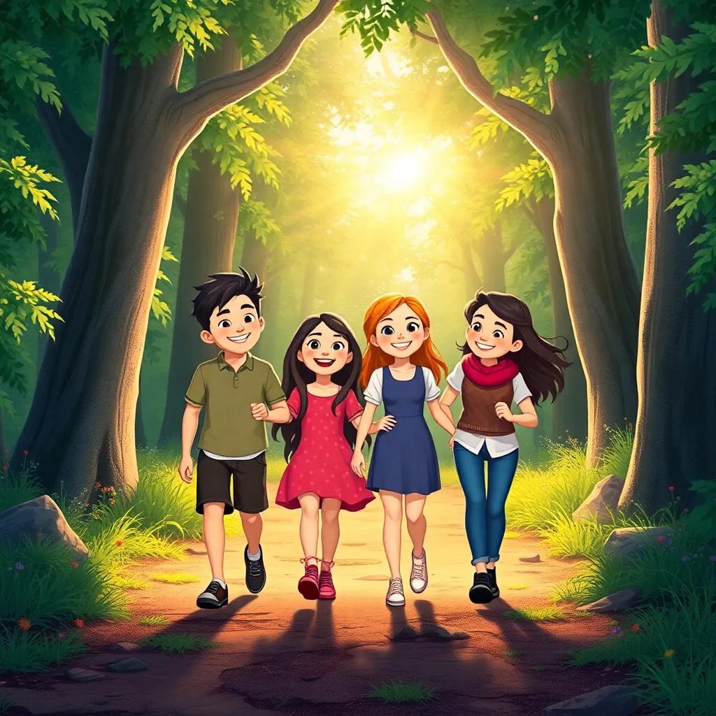 The four friends walking out of the enchanted forest, sunlight shining on their happy faces, promising to return, feeling united and magical, vibrant colors, cheerful and heartwarming scene, high quality