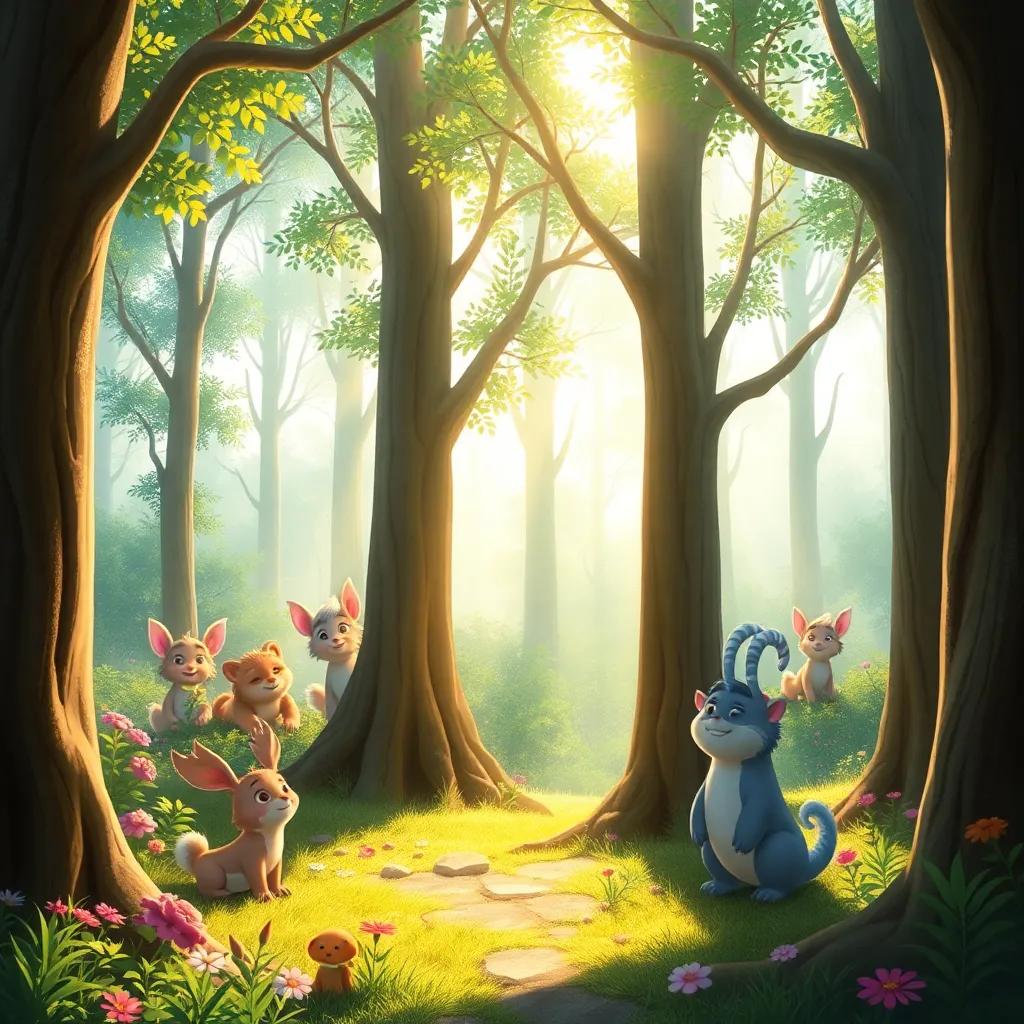 The forest bathed in sunlight with enchanting creatures peeking from behind trees, showcasing the magic of friendship, whimsical and playful atmosphere, digital art, colorful, inviting, high quality