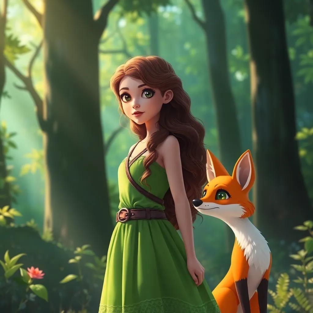 A brave girl named Mia with long, wavy brown hair, wearing a bright green dress, standing in a shimmering green forest with a clever fox named Finn beside her, digital art, vibrant colors, enchanted atmosphere, high quality
