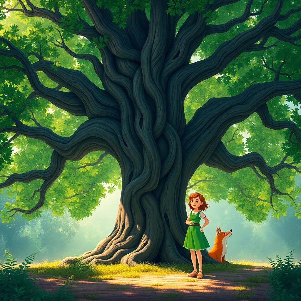 A wise, ancient oak tree with a knotted trunk and lush green leaves, surrounded by Mia, a brave girl in a bright green dress, and Finn, a clever fox, warmly lit by dappled sunlight, inviting ambiance, storytelling view, high quality