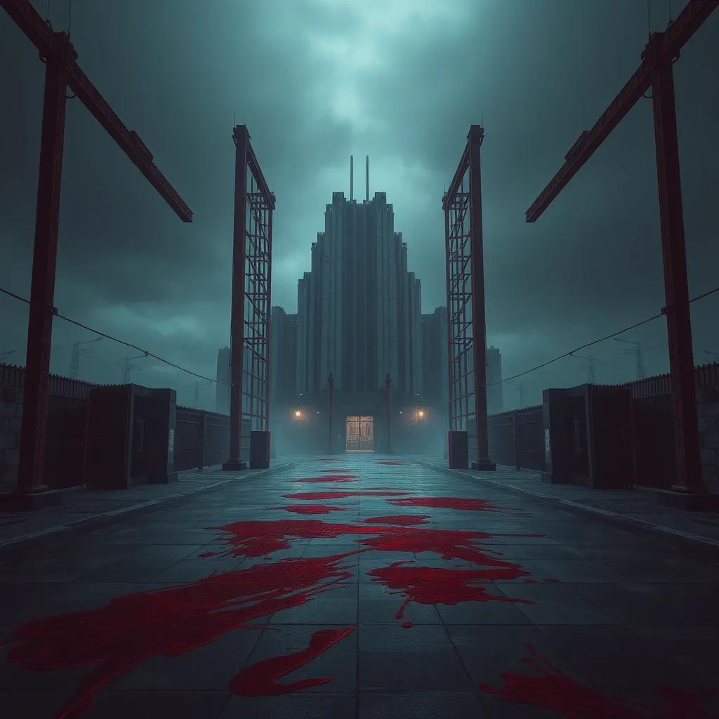 A dark and dystopian city with a huge, cold gray building in the center, surrounded by tall rusty gates, with red blood smeared on the pavement, gloomy atmosphere, digital art, detailed, high contrast, ominous lighting