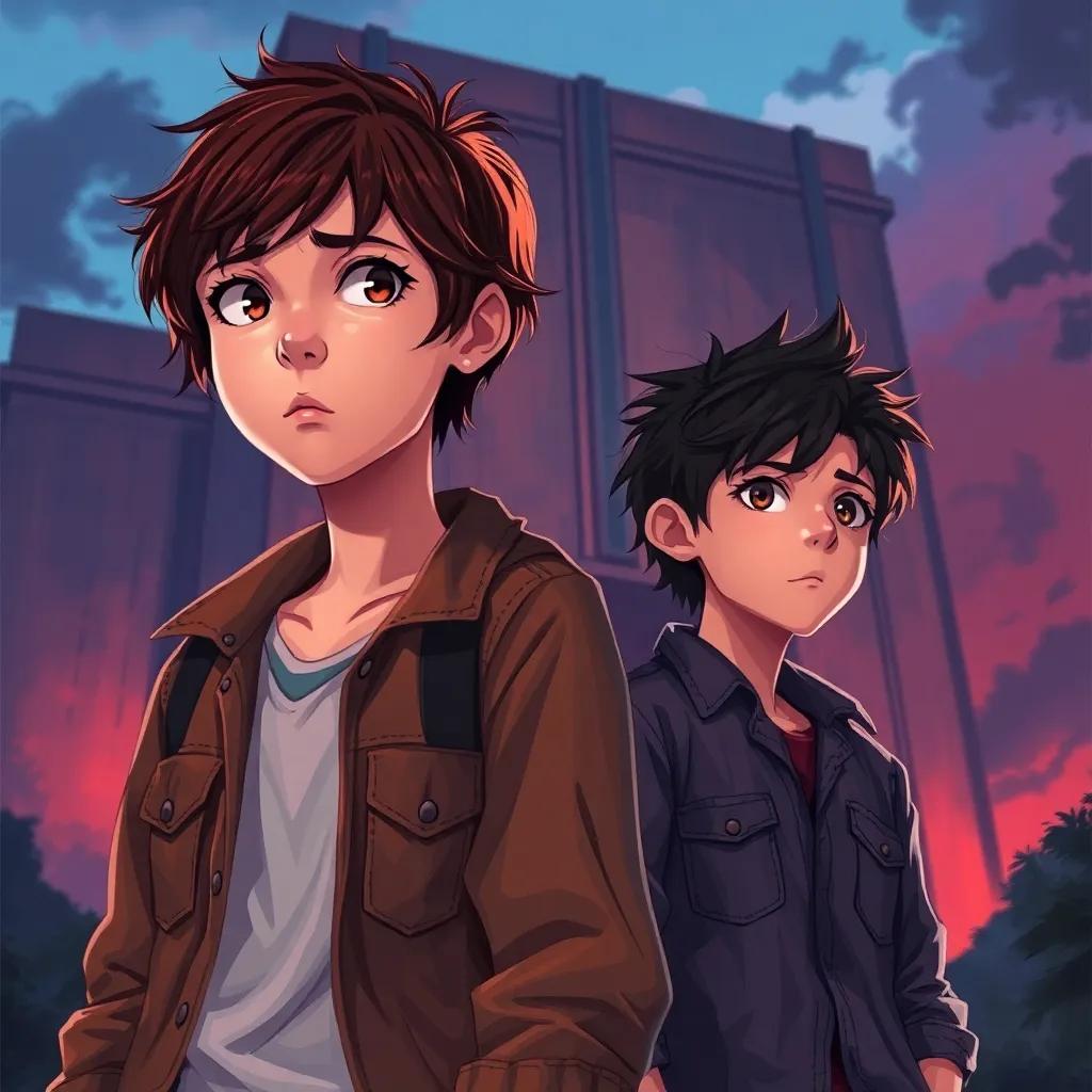 A brave girl, Mia, and her brother Leo standing close to the huge building with worried expressions, Mia with short brown hair wearing a tattered jacket, and Leo with messy hair wearing a faded shirt, both looking determined, digital painting, heroic theme, vibrant colors amidst the dark, hopeful perspective