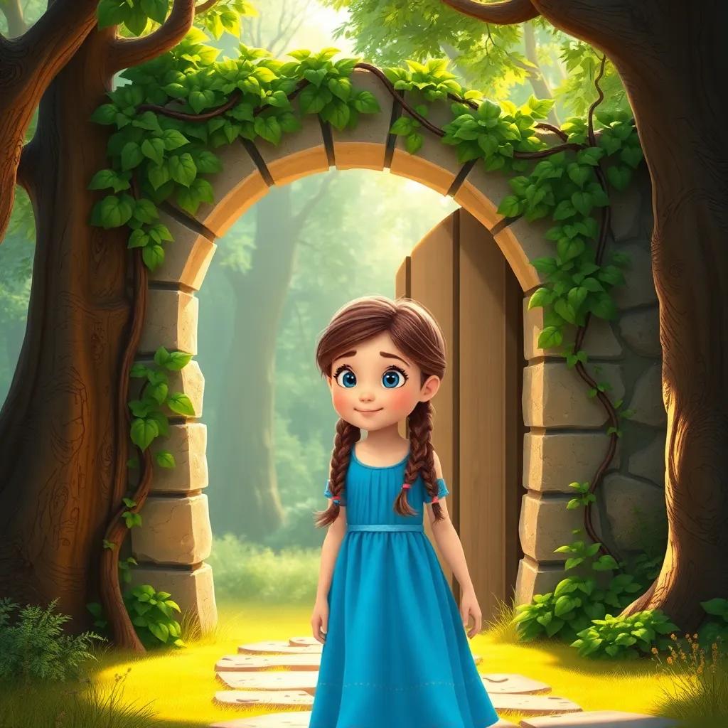 A young girl, Emma, with brown hair in two braids, wearing a bright blue dress, discovering a stone gate covered with vines, in a sunlit forest, digital art, whimsical, magical colors, warm glow, inviting atmosphere, high quality