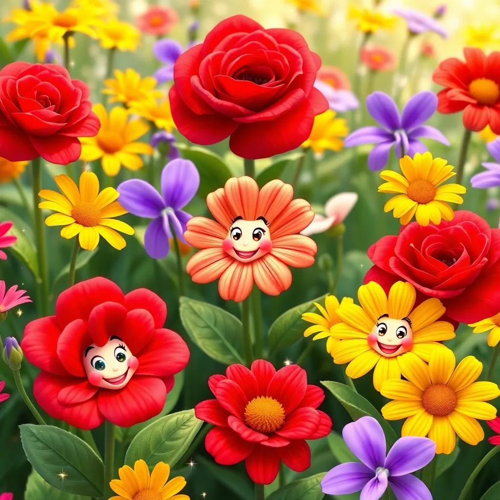 A beautiful garden filled with colorful flowers, bright red roses, sunny yellow daisies, and soft purple violets, each flower with animated faces, smiling and cheerful, sparkles around the flowers, vibrant scene, whimsical style, high quality