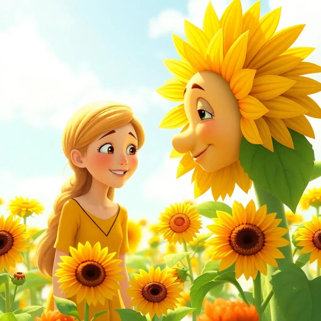 A wise old sunflower with a gentle smile, speaking to Emma, who looks amazed, surrounded by the other flowers, bright sunlight, friendly and magical atmosphere, illustration, high quality