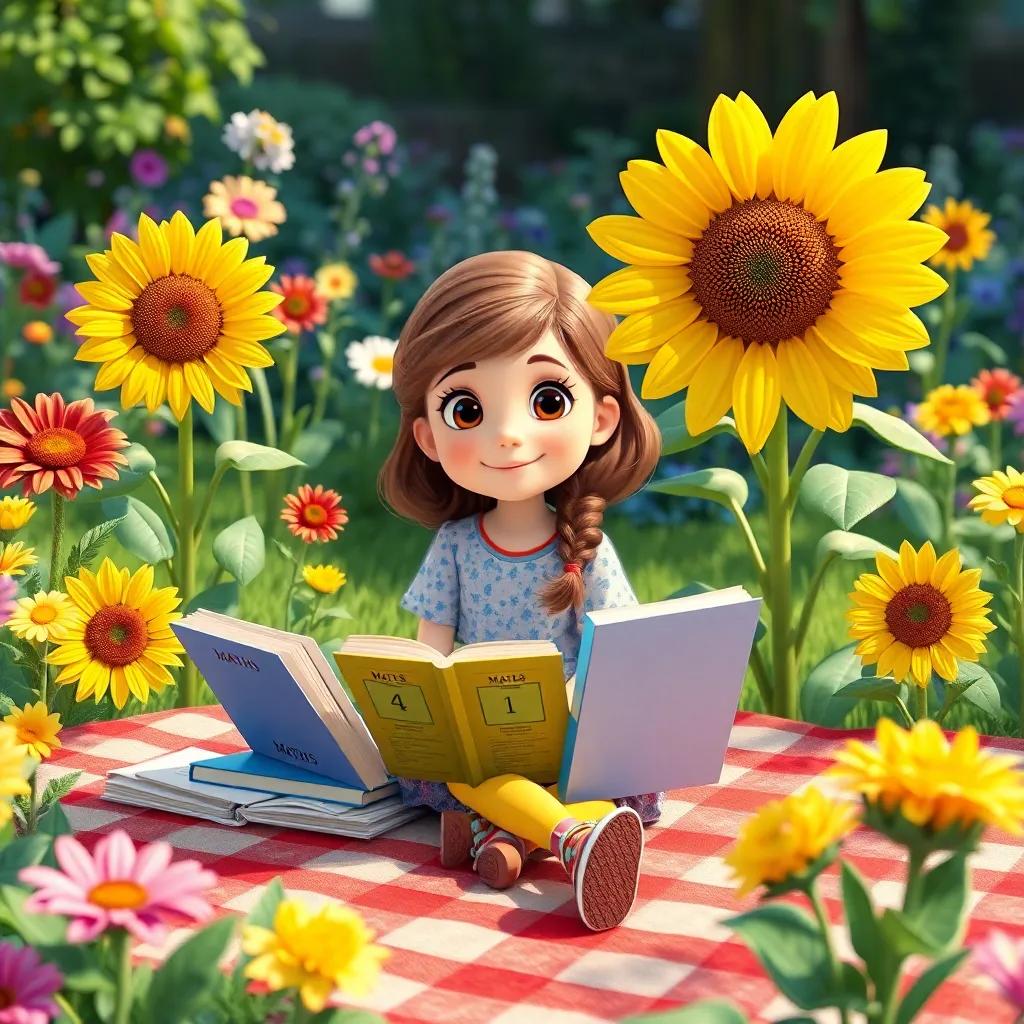 Emma sitting at a picnic blanket with math books, surrounded by friendly flowers, including a sunflower giving advice, bright and cheerful garden, colorful, detail-oriented, creating a joyful mood, high quality