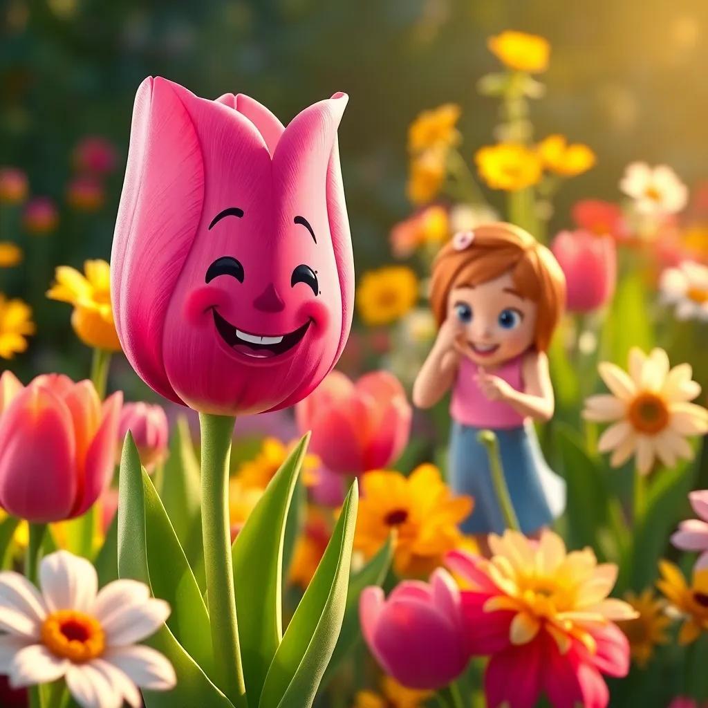 A happy pink tulip with a smiling face, sharing its story with Emma in the garden, surrounded by other excited flowers, heartwarming scene, colorful and inviting, warm lighting, cheerful atmosphere, high quality