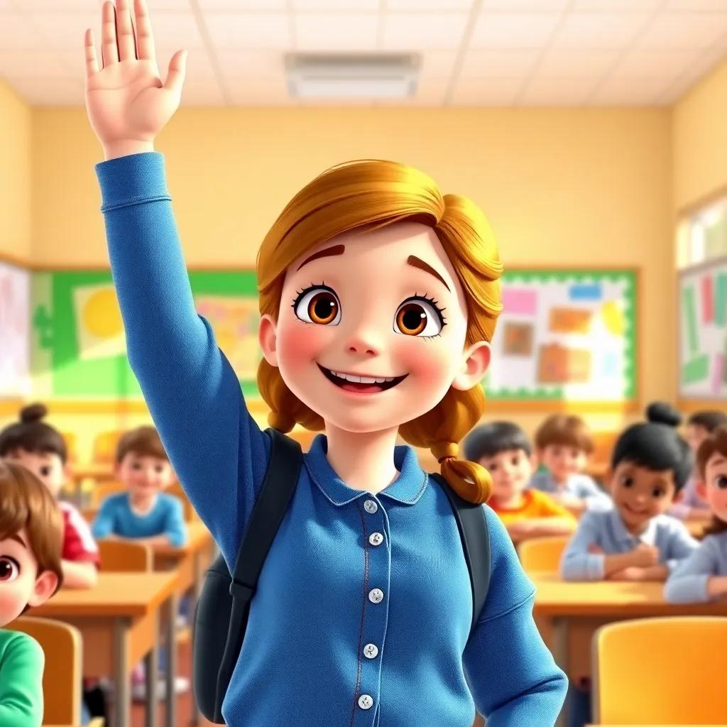 Emma looking confident in class, raising her hand with a big smile, a sunny classroom full of her classmates, colorful drawings on the wall, feeling proud of herself, heartwarming and vibrant, high quality