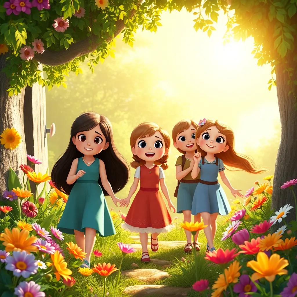 Emma and her friends arriving at the hidden garden together, each with eyes wide open in wonder, the flowers greeting them with joy, colorful and magical scene, bright sun shining, inviting atmosphere, high quality