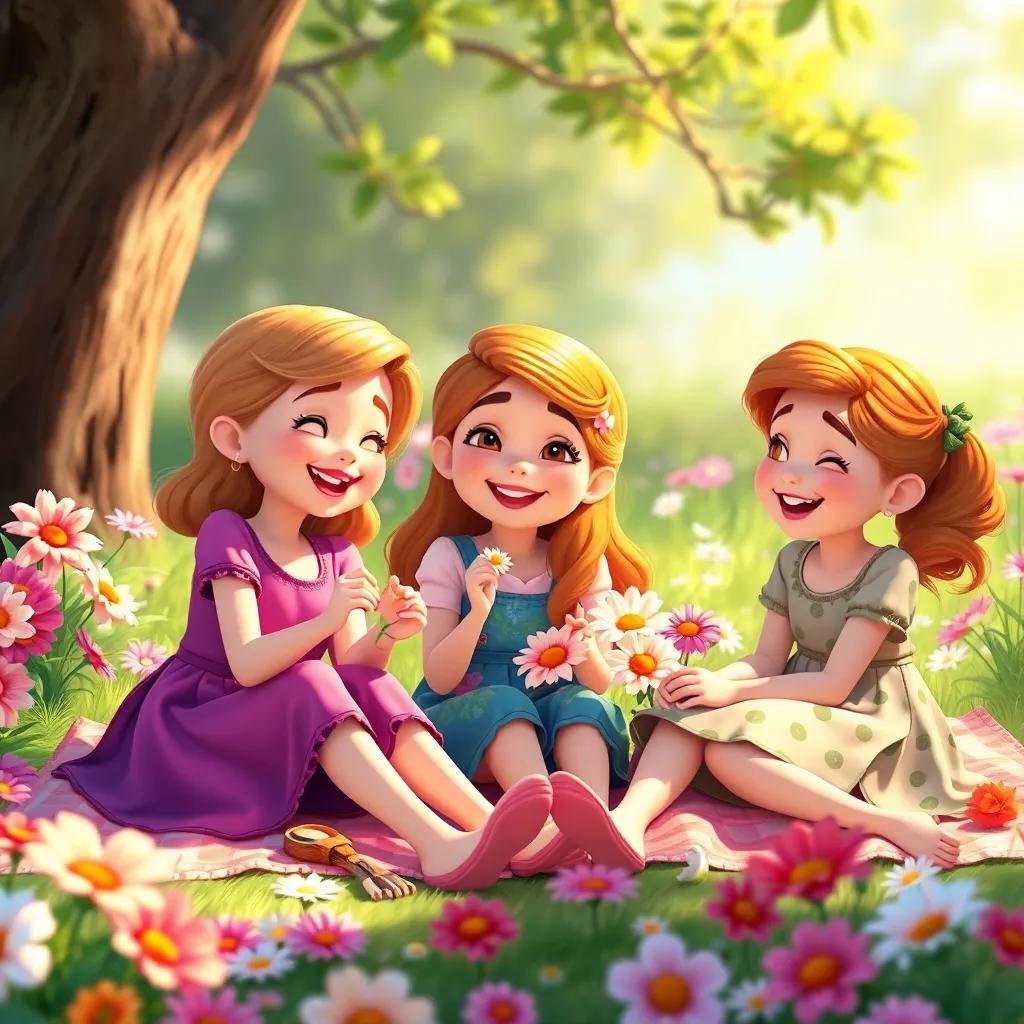 Emma and her friends learning from the flowers together, sitting on a picnic blanket, laughing and smiling, surrounded by beautiful flowers, warm colors, friendship theme, cheerful and joyful setting, high quality