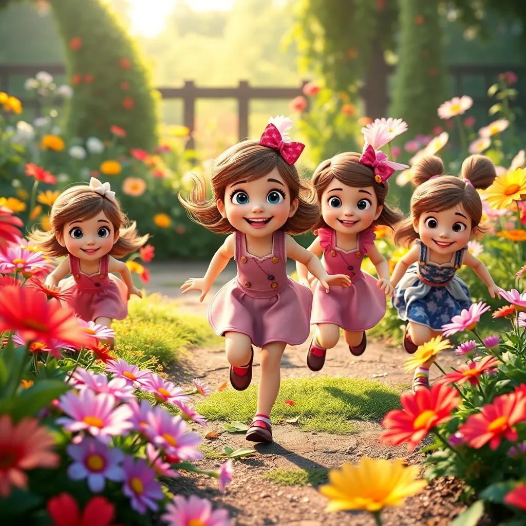 Emma and her friends playing in the garden, running around the colorful flowers, all smiling and having fun, delightful and magical atmosphere, vibrant and bright, capturing a moment of joy, high quality