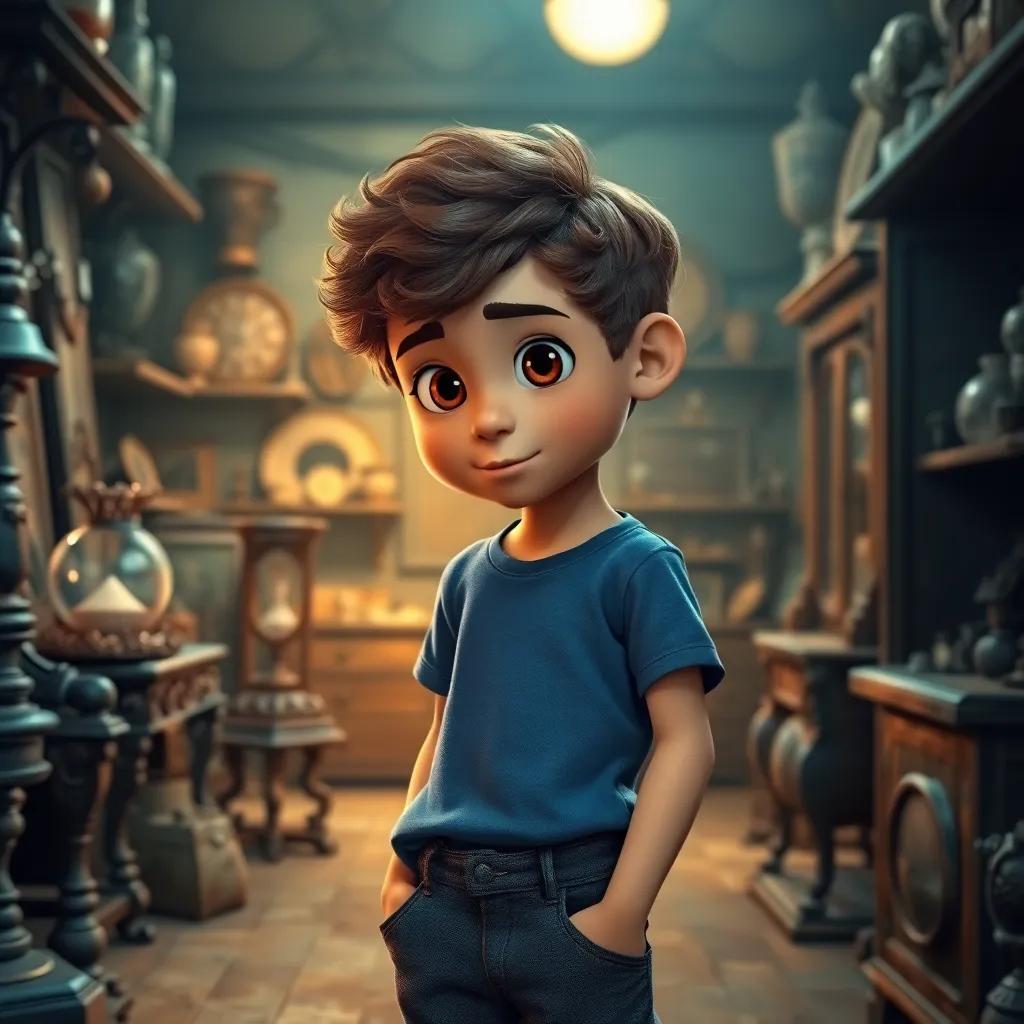 A young boy named Ethan, a Caucasian boy with short, curly hair wearing a blue t-shirt and jeans, standing in a dusty antique shop with old items around, looking at an ornate hourglass, digital art, warm light, cozy atmosphere, detailed
