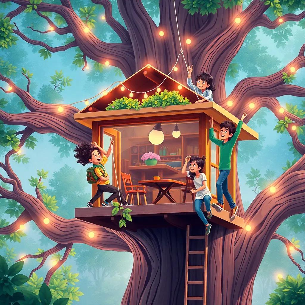 The four friends building their dream café in an oak tree, Lila holding colorful wood, Arjun tying ropes, Mei arranging flower lights, and Sam joking high up, teamwork and creativity in action, bright and lively colors, engaging digital art