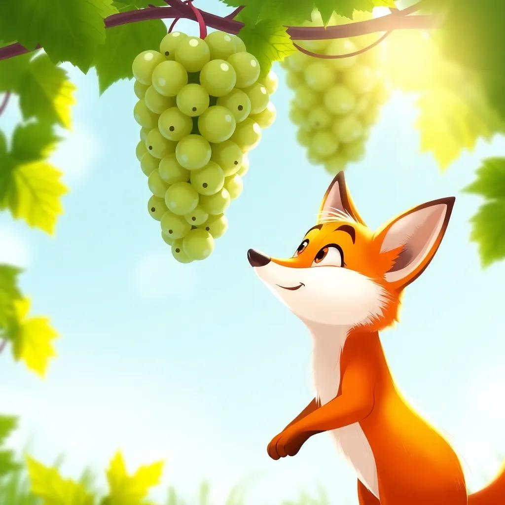 A clever orange fox with a bushy tail, looking up at a high bunch of shiny green grapes hanging from a vine with bright sunlight shining down, illustration, cheerful colors, playful atmosphere, high quality