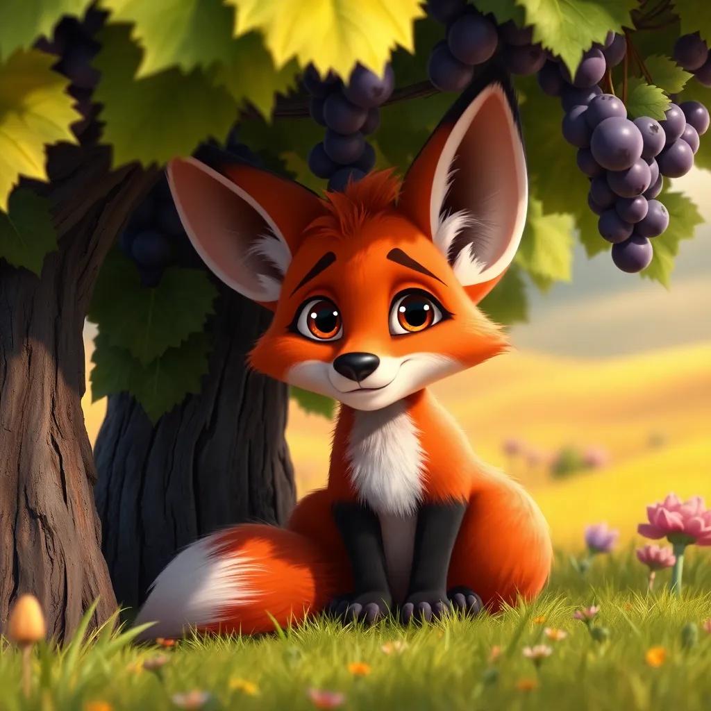 The clever fox, sitting under the grape vine, looking tired but thoughtful, with big, expressive eyes, colorful landscape around, digital art, warm and inviting, high quality