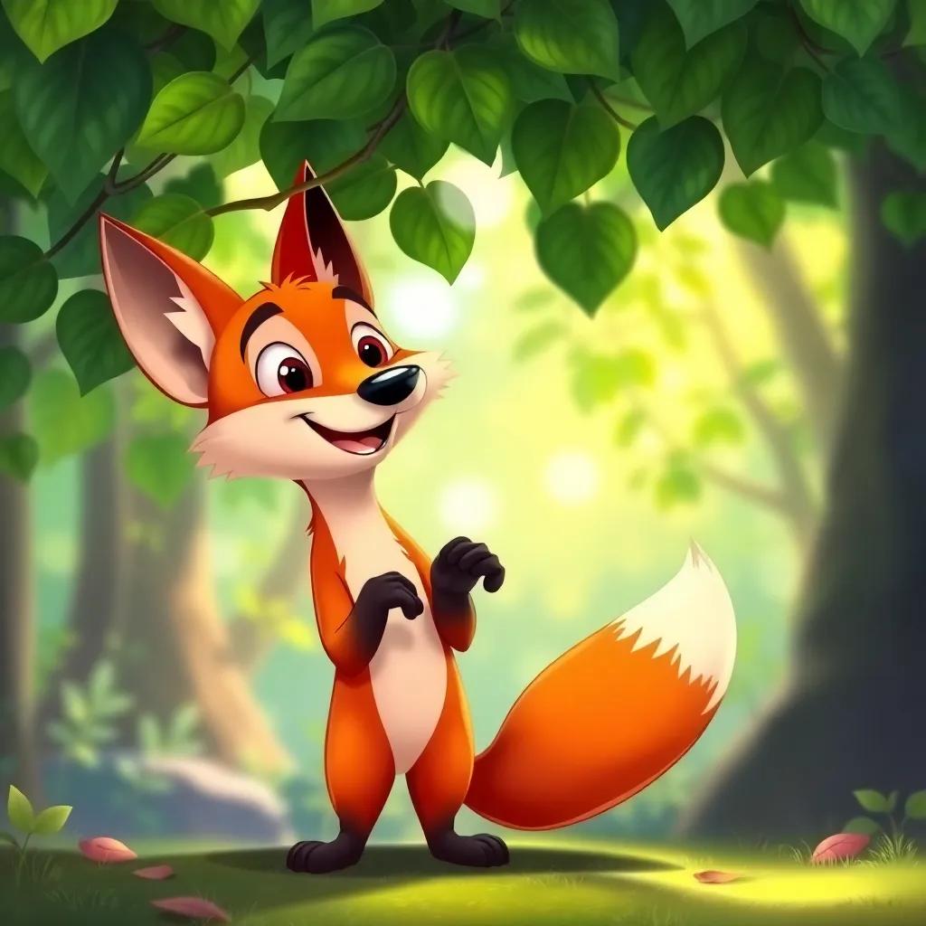 The fox has a sudden idea, smiling brightly as he stands up under the vine, with a colorful forest background, showing green leaves and soft light, children-friendly illustration, vibrant, cheerful atmosphere