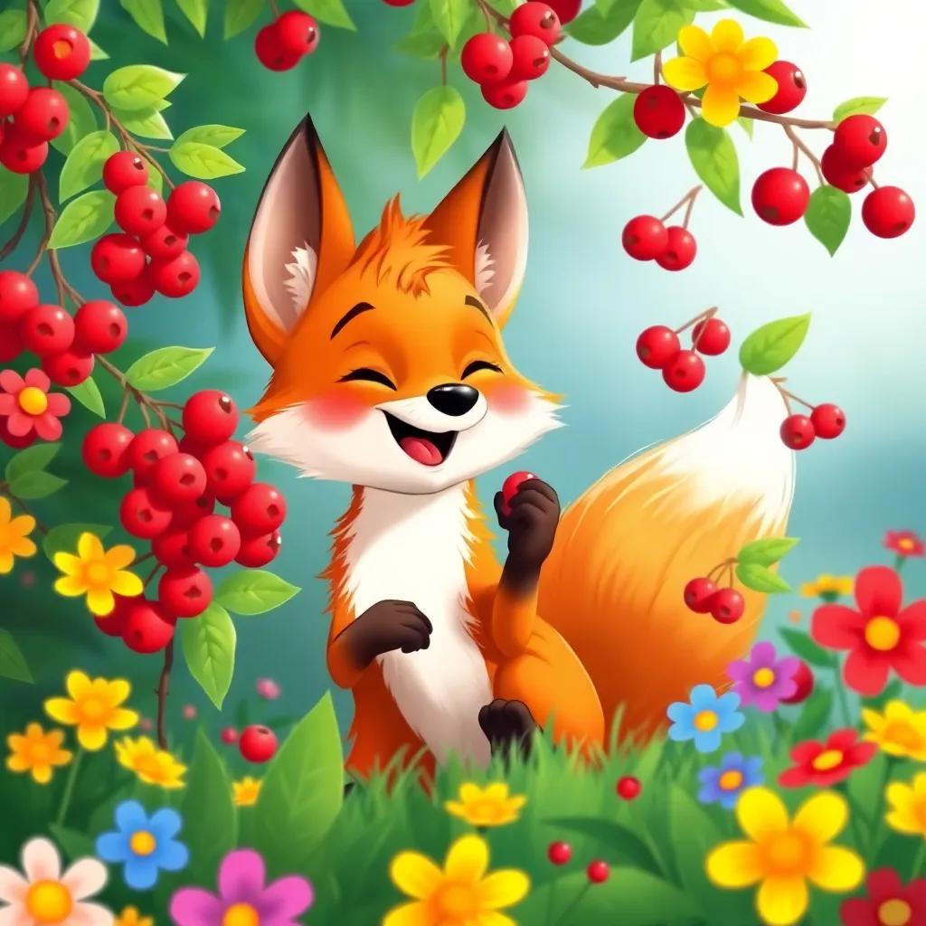 The fox joyfully discovering a bush of bright red berries, munching on the berries with a very happy expression, surrounded by colorful flowers, friendly and cheerful illustration, bright colors, high quality