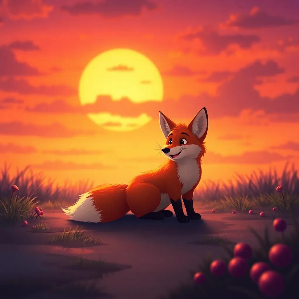 The fox sitting happily under a vibrant sunset sky, reflecting in warm orange and purple hues, as it walks home with full cheeks from the berries, digital art, serene and inviting, high quality
