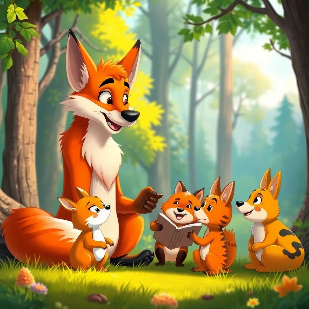 The wise fox sharing with his friends, a group of animals listening to him storytelling with smiles, surrounded by a beautiful forest, colorful illustration, playful and joyful atmosphere, high quality