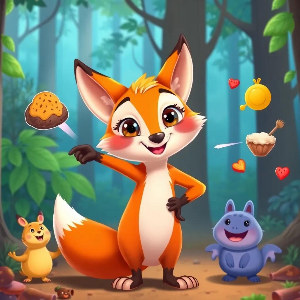 The clever fox, standing proudly, pointing to other tasty treats in the forest, with his friends all around, happy expressions, lively and colorful illustration, child-friendly, high quality