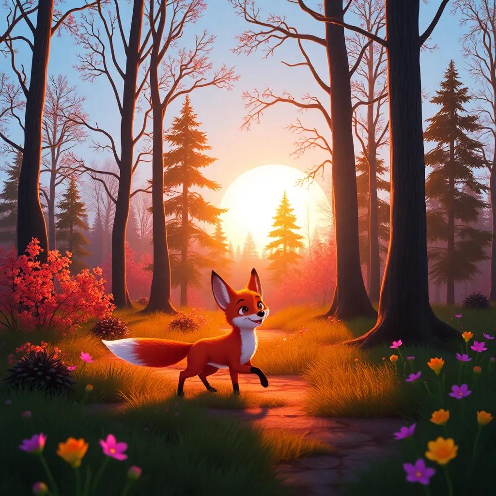 A peaceful forest scene with the sun setting in the background, the fox walking through with a cheerful spring in his step, surrounded by trees and flowers, digital art, warm and inviting, vibrant colors