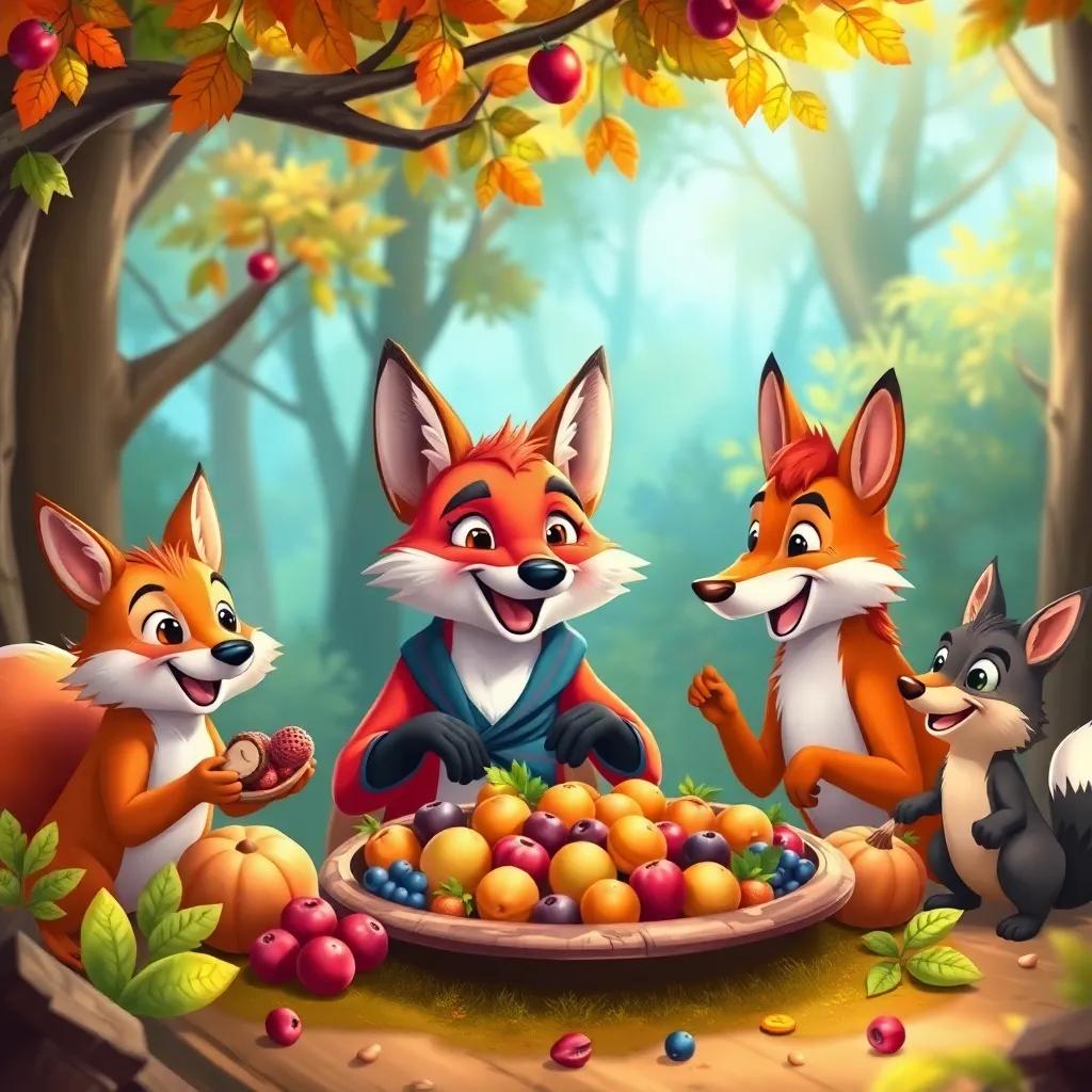 The wise fox and his friends enjoying a feast of berries and nuts together, smiling and happy, colorful and inviting atmosphere in a forest setting, illustration, vibrant colors, child-friendly, high quality