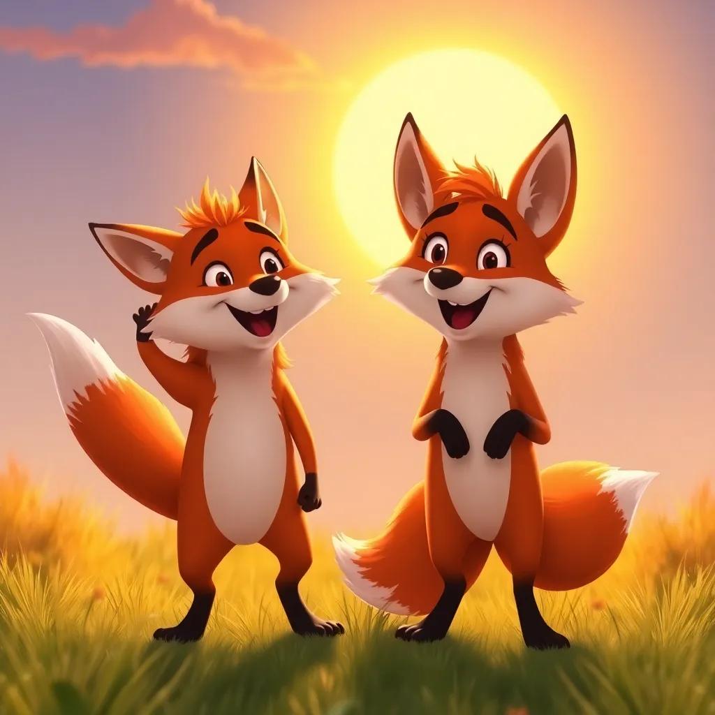 The clever fox waving goodbye to his friends as they part ways happily, with the sun setting behind them, warm colors, cheerful atmosphere, high quality