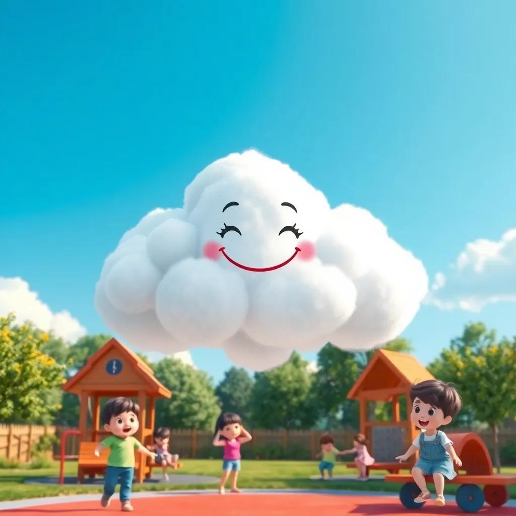 A fluffy cloud named Cumulus, smiling and floating above a playground with happy children playing, digital art, cheerful atmosphere, bright blue sky, high detail, whimsical