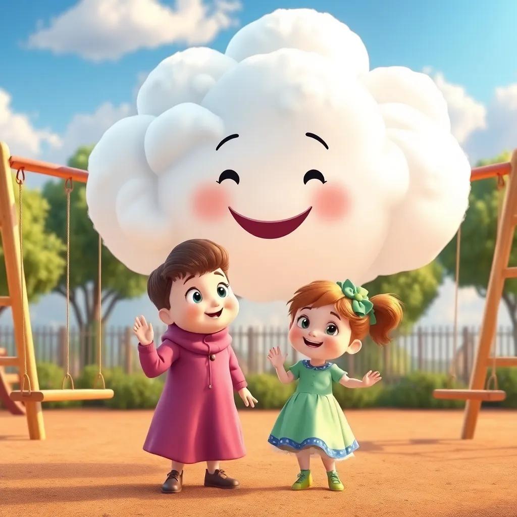 Cumulus, the friendly cloud, speaking to a little girl named Lily, who looks hopeful and excited, surrounded by swings and playground equipment, soft and inviting, playful colors, joyous scene