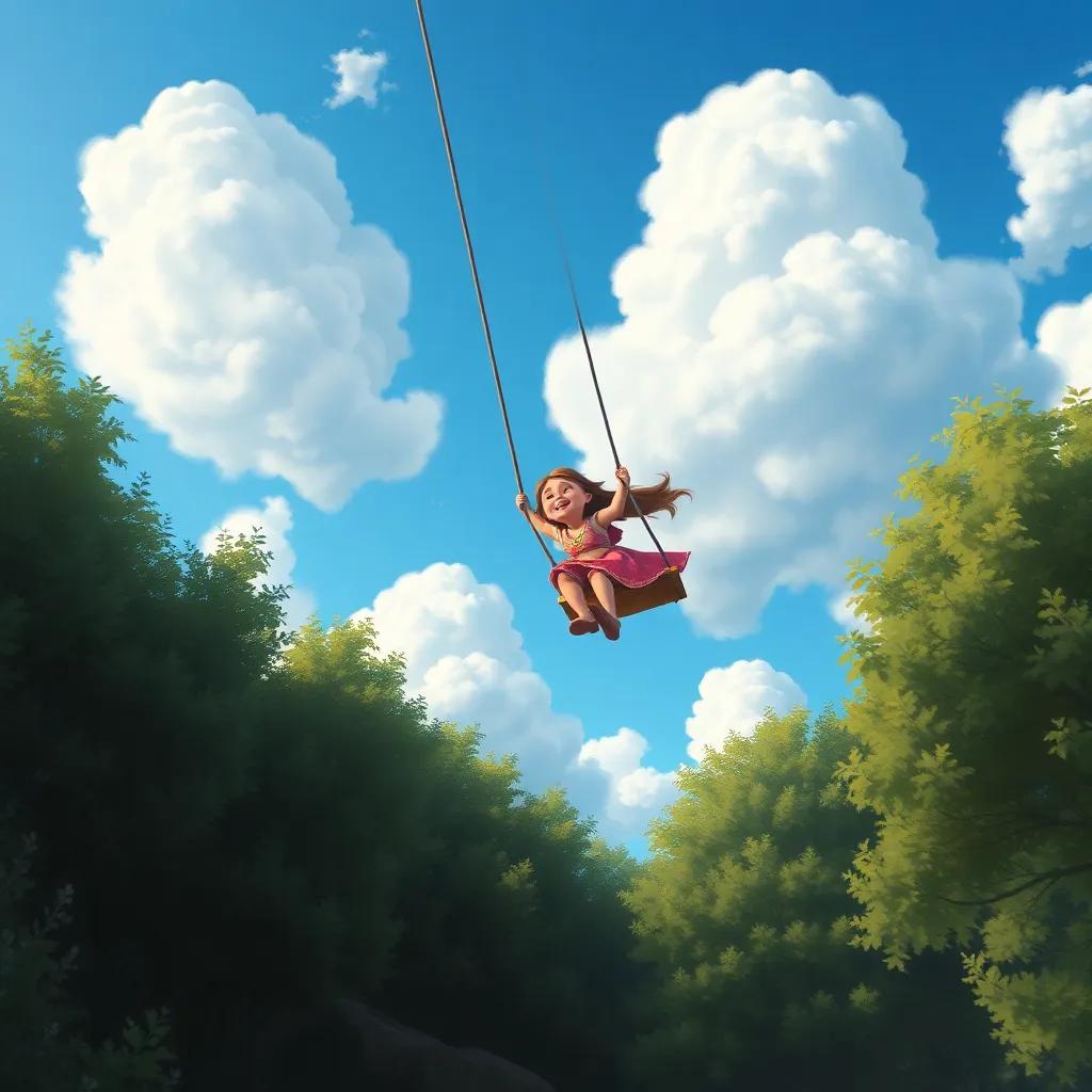 Cumulus gently lifting Lily off the swing and soaring through the air above the trees, both laughing joyfully, digital painting, bright colors, perspective from below, high quality