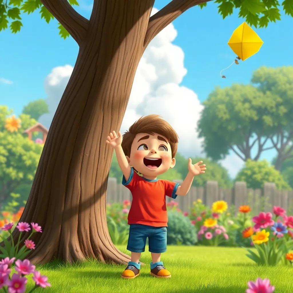 Max, a young boy, cheering with excitement as Cumulus creates a gust of wind to free his kite from a tree, vibrant garden background, fun and friendly style, cheerful colors