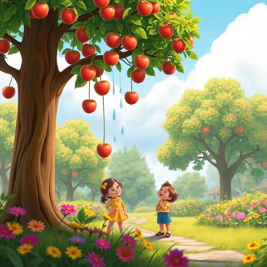 Cumulus using his raindrops to make apples fall from a tall tree for happy children, a beautiful garden with colorful flowers, lighthearted and warm, inviting atmosphere