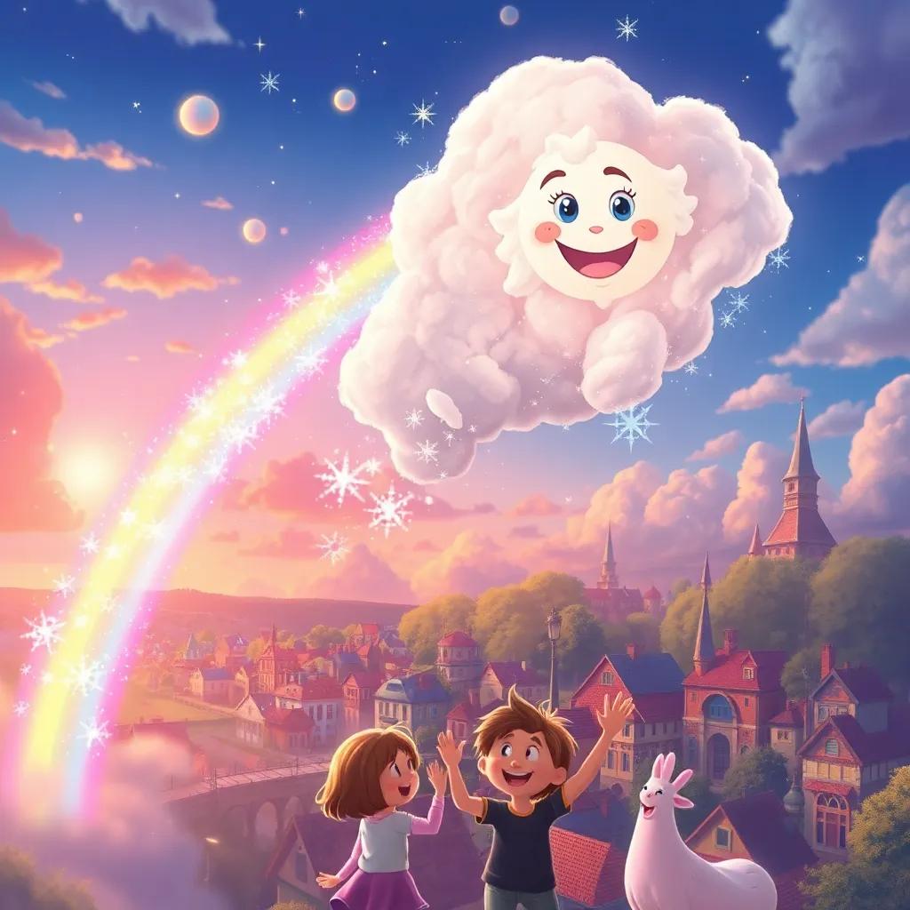 Cumulus leaving sparkling rainbows in the sky as he floats over different towns, children waving and smiling at him, colorful and bright, high energy, magical atmosphere