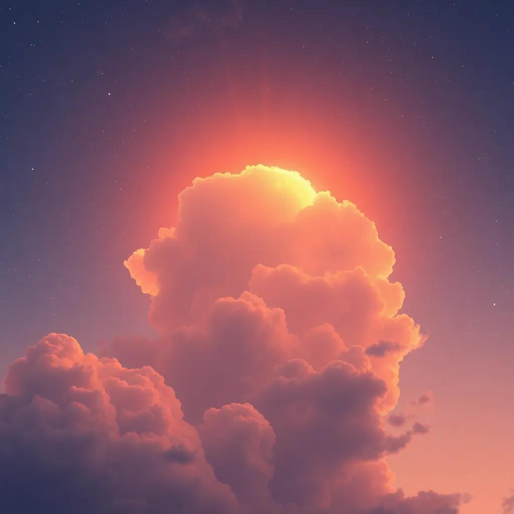 The sky at sunset with Cumulus looking at the twinkling stars, feeling happy and proud, a soft glow illuminating the cloud, dreamy and serene, inspiring mood