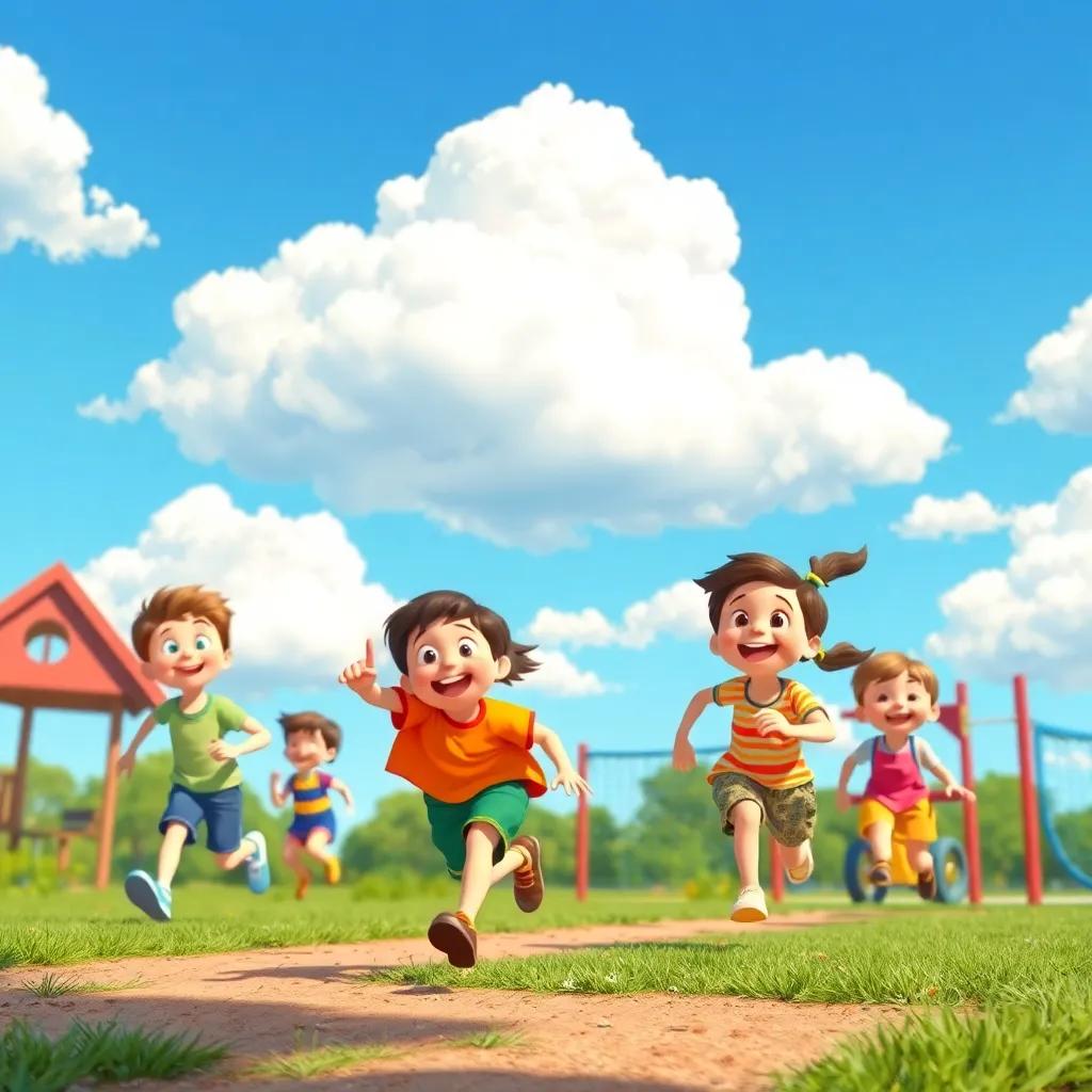 A cheerful day at the playground with happy children running and playing while Cumulus floats above, a backdrop of bright sunshine and clear skies, vibrant and playful, captivating scene