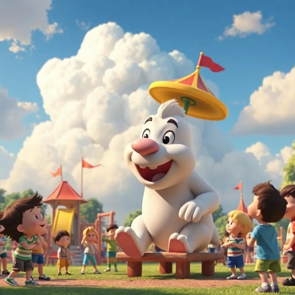 Cumulus returning to the same playground, surrounded by happy kids waiting for his next surprise, playful ambiance, light and joyful art