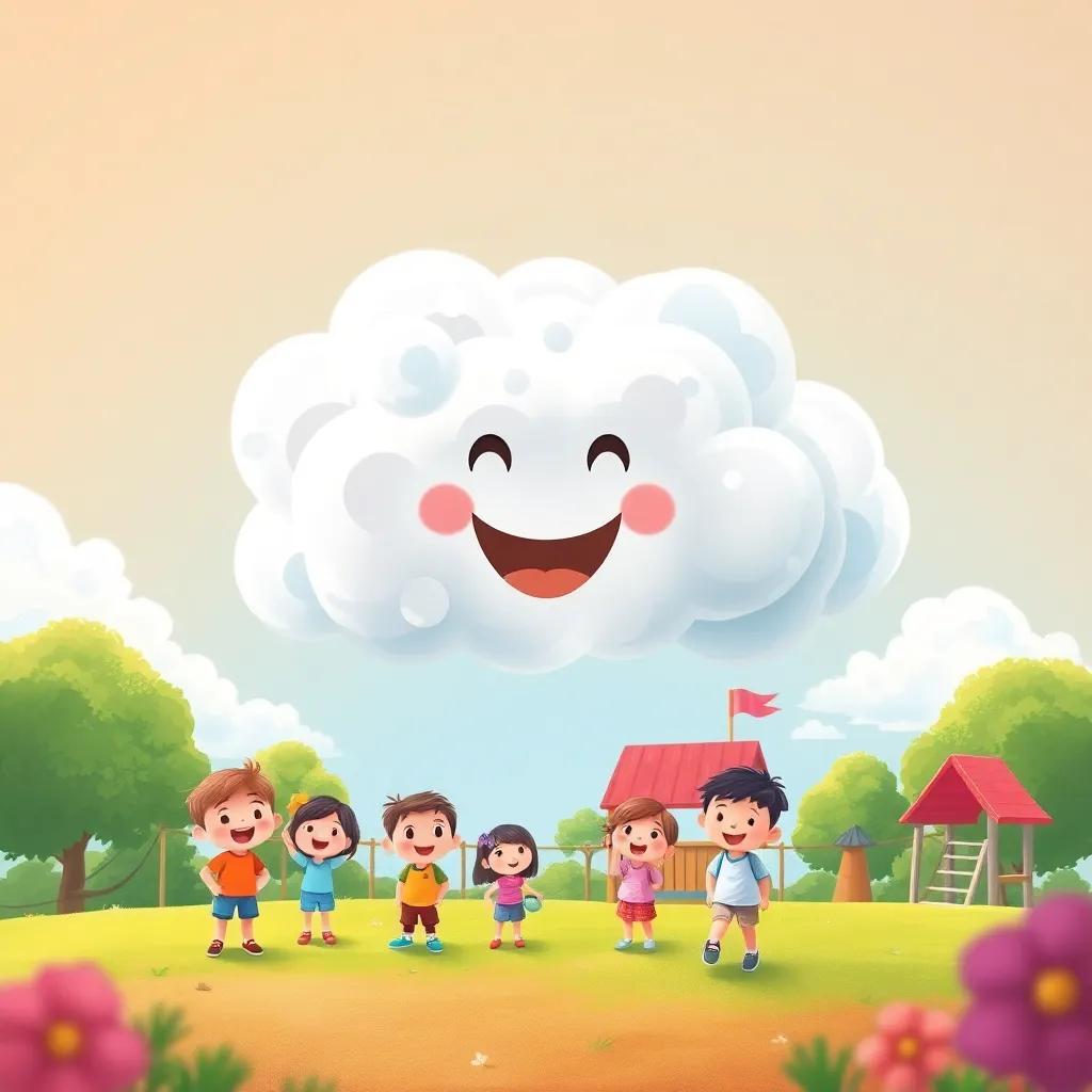 Cumulus, the joyful cloud, ready for a new day of adventures above the playground, cheerful expressions from the children, whimsical and heartwarming, colorful illustration