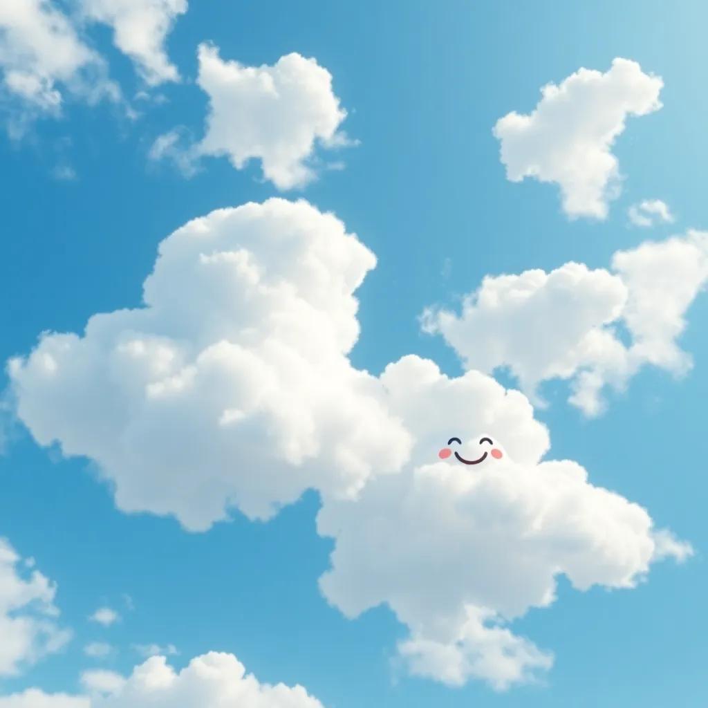 A bright blue sky with fluffy white clouds smiling and floating, in a cheerful atmosphere, digital art, vibrant colors, soft and engaging scene, high quality