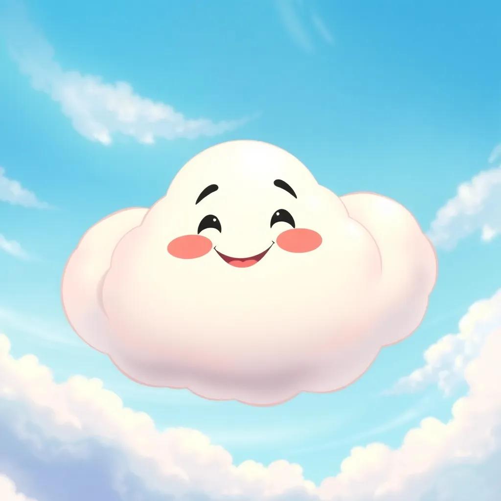 A big round friendly cloud named Cumulus, with a cheerful expression, leading a cloud band in the sky, illustrated, colorful and inviting, dreamy background, fantasy style